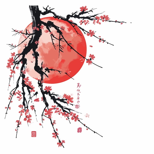 Luna roja con el árbol de sakura Asia