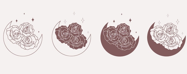 Luna con rosas línea de colección de arte boho vectorial minimalista