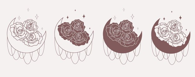Luna con rosas línea de colección de arte boho vectorial minimalista