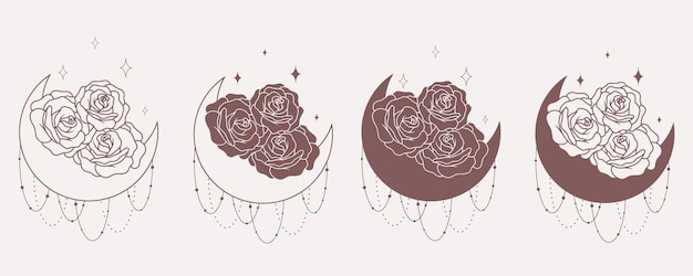 Luna con rosas línea de colección de arte boho vectorial minimalista