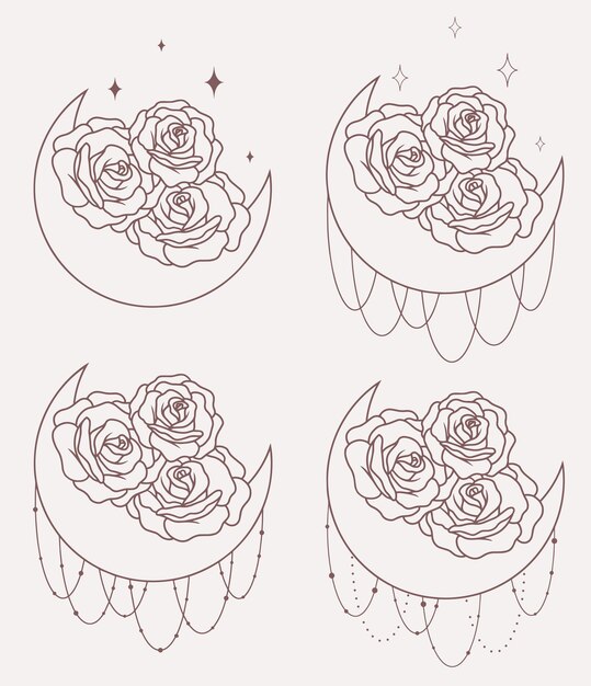 Luna con rosas línea de conjunto minimalista vector arte boho