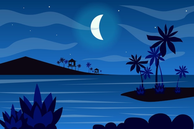 Vector luna sobre paisaje de islas tropicales en estilo plano