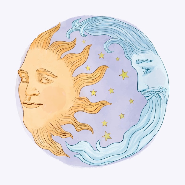 Luna y Sol juntos. Ilustración vectorial en estilo retro