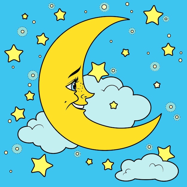 Luna sonriente de dibujos animados con variación de color de nubes para colorear página