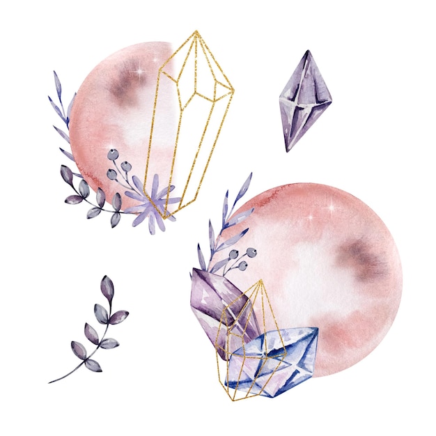 Lunas de acuarela con cristales y flores