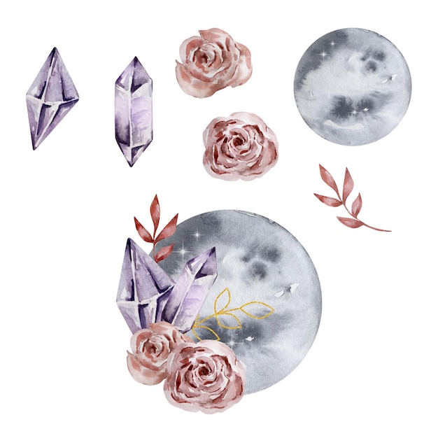 Lunas de acuarela con cristales y flores
