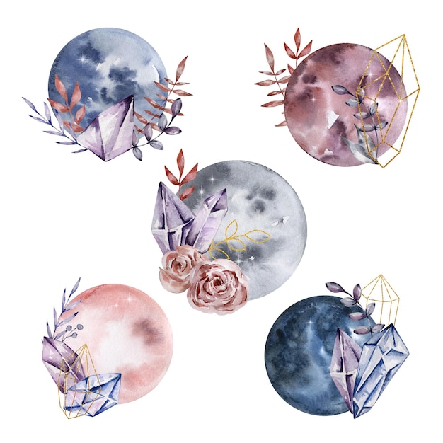Lunas de acuarela con cristales y flores