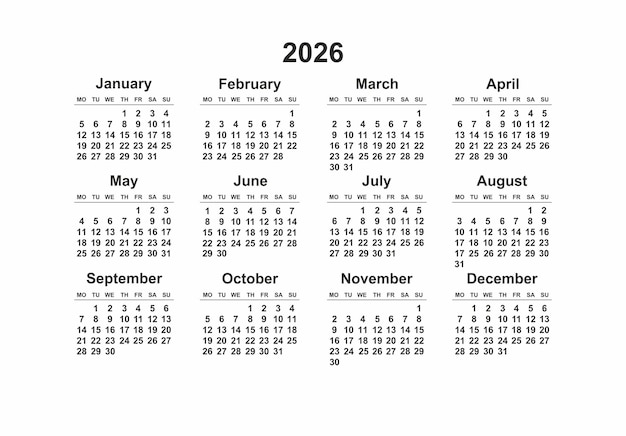 Lunes 2026 Inicio plantilla de calendario horizontal en blanco y negro diseño simple de calendarios de bolsillo o de pared organizador de papelería anual en diseño minimalista
