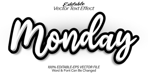 Lunes Efecto de texto vectorial Editable Alfabeto Adhesivo blanco Caricatura negra Mínimo