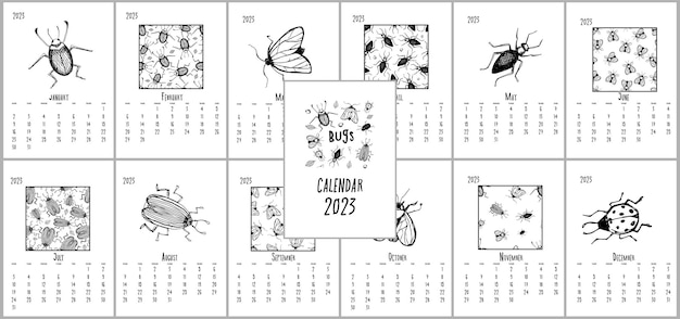 Desde el lunes en inglés con un dibujo de escarabajos e insectos vector calendario mensual clásico para 2023 Un calendario minimalista