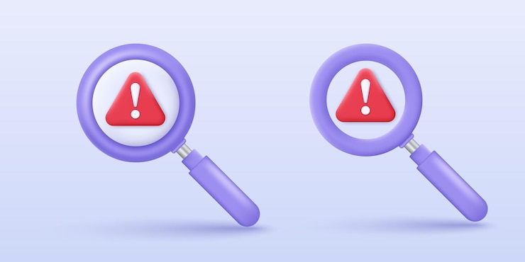 Vector lupa 3d con icono de advertencia de triángulo brecha de datos malware ataque cibernético hackeo y protección de seguridad concepto notificación de peligro de peligro icono de vector de señal 3d ilustración de renderización