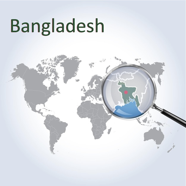 Una lupa en Bangladesh del mapa del mundo Zoom mapa de Bangladesh con fondo de gradiente