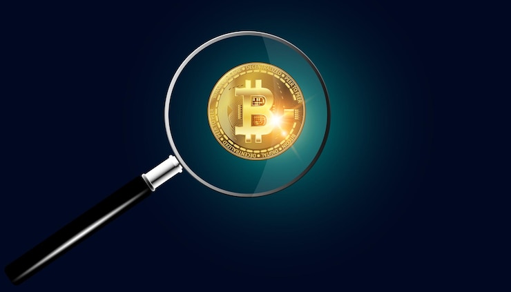 Vector lupa y bitcoins mirando la idea de la minería de bitcoins comprando más o recolectando