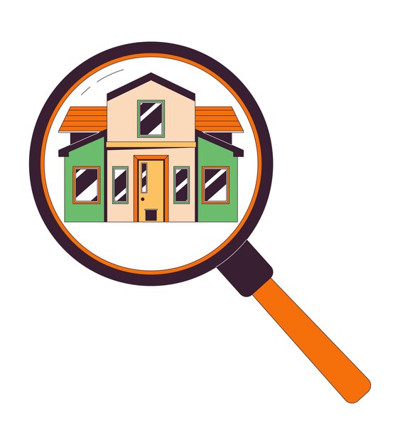 Lupa buscando casa objeto de dibujos animados lineal 2D Agencia de bienes raíces lupa elemento vectorial de línea aislada fondo blanco Propiedad de alquiler Magnificador de casa alquiler de color ilustración de punto plano