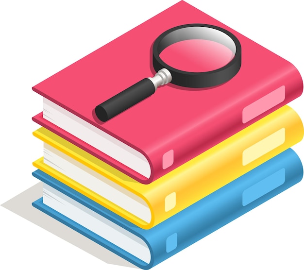 La lupa se coloca sobre una pila de libros coloridos que simbolizan el proceso de investigación y búsqueda de conocimiento