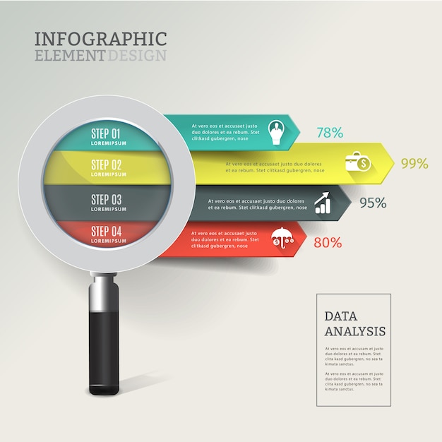 Lupa creativa de análisis de datos de infografía.