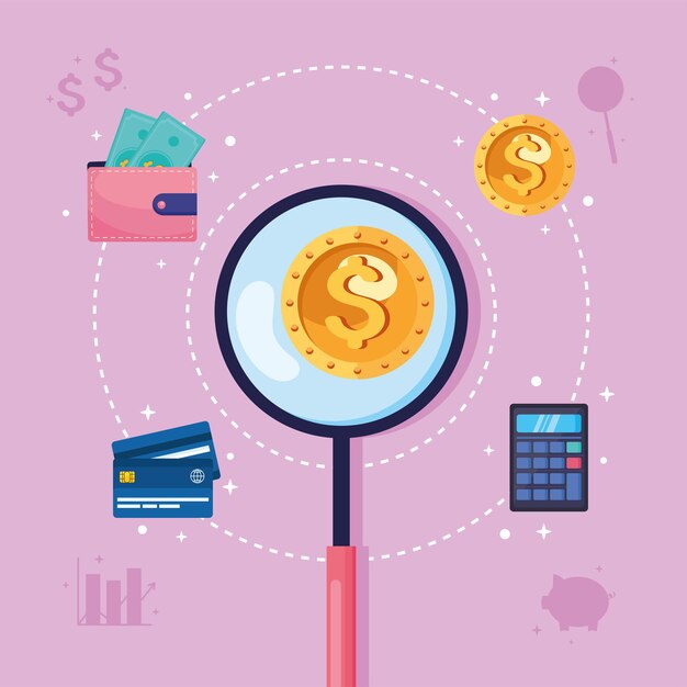 Lupa e iconos financieros