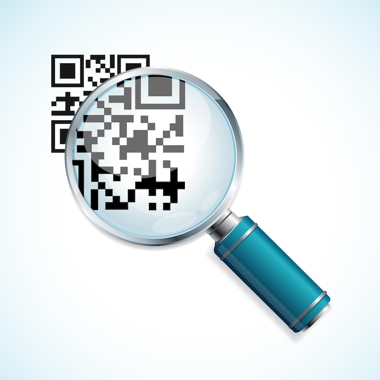 Vector lupa e identificación de código qr negro aislado