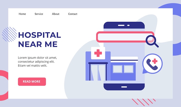 Lupa del hospital cerca de mí en la campaña de la pantalla del teléfono inteligente para la página de inicio de la página de inicio del sitio web