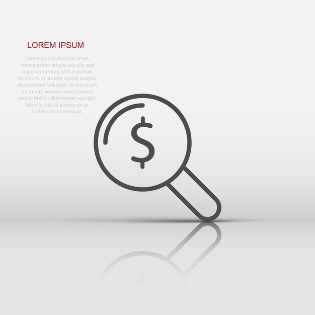 Lupa con icono de dinero en estilo plano Ilustración de vector de búsqueda de dólar sobre fondo blanco aislado Concepto de negocio de moneda financiera
