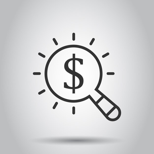 Lupa con icono de dinero en estilo plano Ilustración de vector de búsqueda de dólar sobre fondo blanco aislado Concepto de negocio de moneda financiera