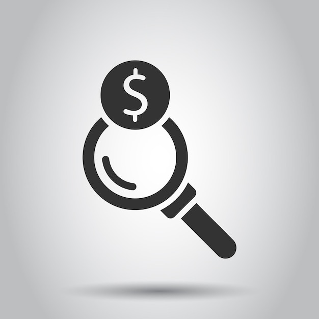 Lupa con icono de dinero en estilo plano Ilustración de vector de búsqueda de dólar sobre fondo blanco aislado Concepto de negocio de moneda financiera