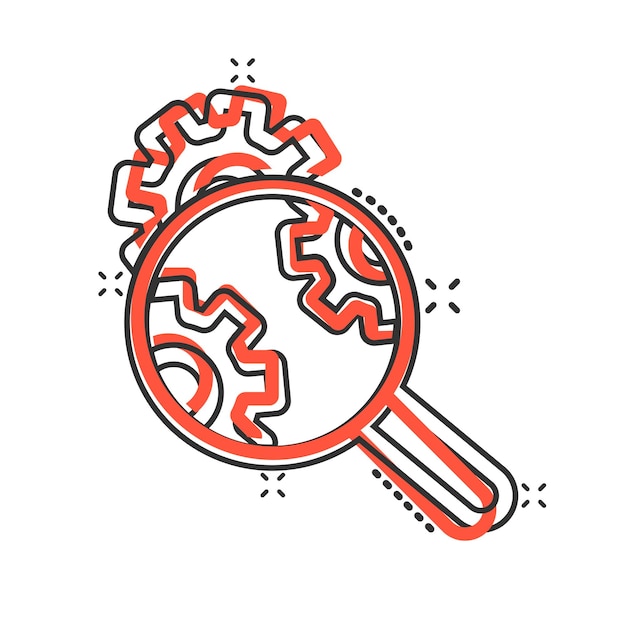 Lupa con icono de engranaje en estilo cómic Ilustración de vector de dibujos animados de lupa sobre fondo blanco aislado Concepto de negocio de efecto de salpicadura de exploración Seo