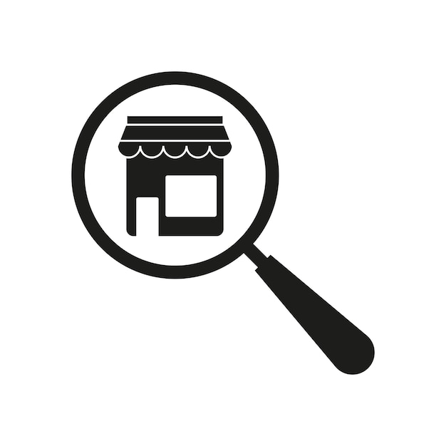 Lupa con icono de la tienda Diseño de silueta negra Símbolo de búsqueda de la tienda Ilustración vectorial