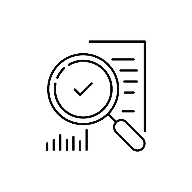 Lupa de línea delgada como auditoría evaluar concepto de identificación vulnerable o trabajo de asesor en negocios estilo plano lineal tendencia logotipo moderno diseño de arte gráfico aislado sobre fondo blanco