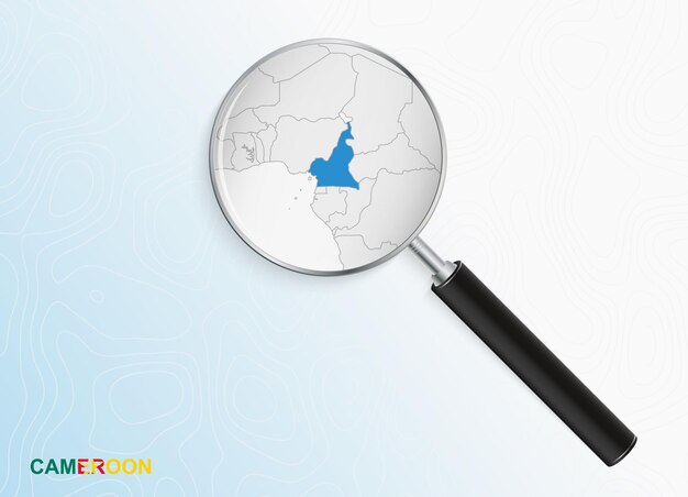 Lupa con mapa de Camerún sobre fondo topográfico abstracto.
