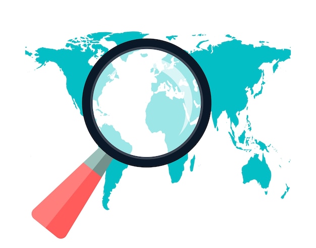 Lupa en el mapa mundial de fondo