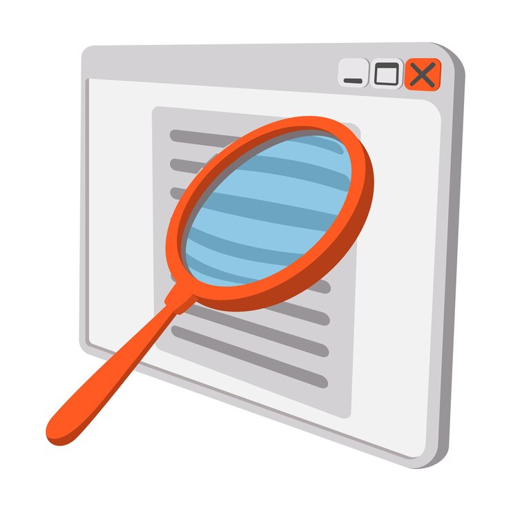 Vector lupa en el monitor con el texto en el navegador icono de dibujos animados sobre un fondo blanco