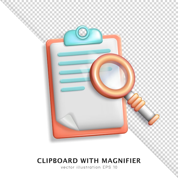 Lupa naranja de dibujos animados y portapapeles naranja con clip cian y hoja de papel. carpeta 3d con lupa
