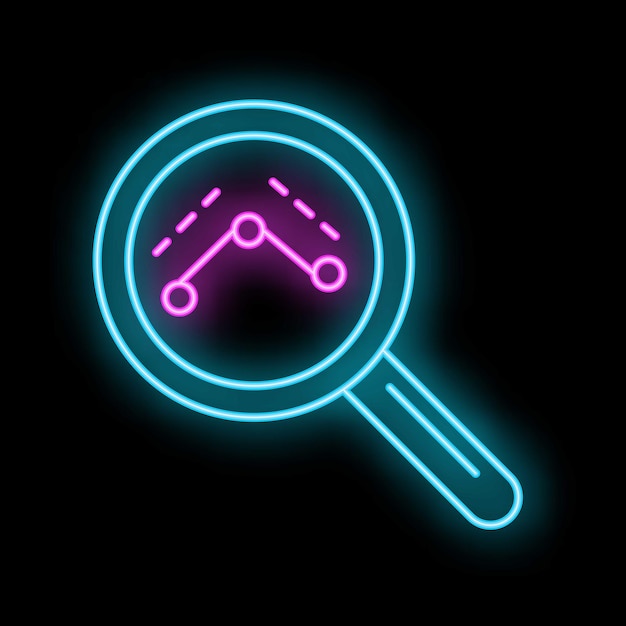 Lupa de neón que investiga las tendencias de los datos en fondo negro