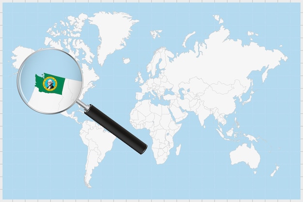 Lupa que muestra un mapa de washington en un mapa del mundo