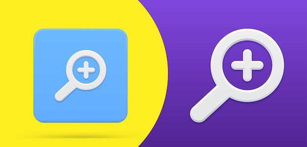 Lupa simple con símbolo más botón de icono 3d establece ilustración vectorial. Etiqueta de zoom de emblema, agregar, buscar información en el ciberespacio. Análisis, detección, descubrimiento, examen, exploración.