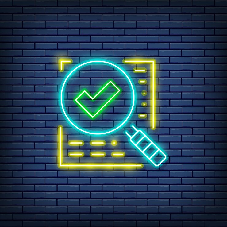 Vector lupa vectorial con documento de préstamo aprobado por contrato con signo de neón de marca de verificación