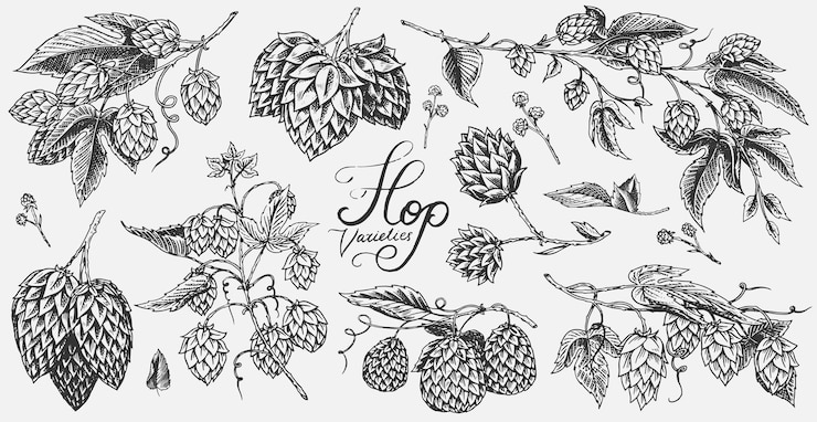 Vector lúpulo y cerveza de malta de cebada conjunto vintage grabado colección dibujada a mano boceto para menú web o pub elementos de diseño aislados sobre fondo blanco