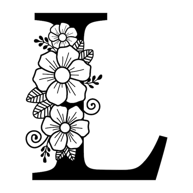 Luxuriosa letra L con flores y hojas diseño gráfico de ilustración vectorial