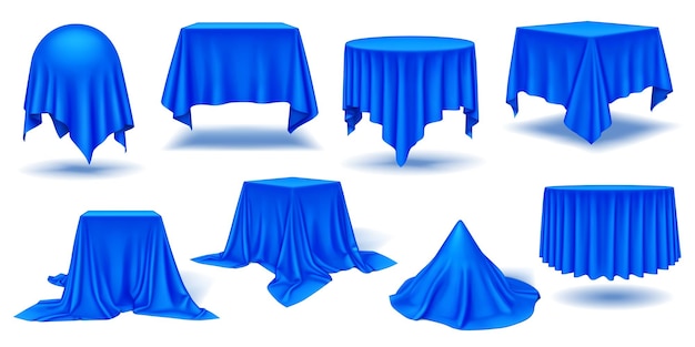 Luxurioso drapeado de seda azul sobre formas geométricas conjunto de iconos