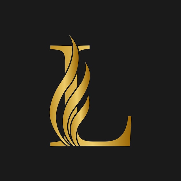 Luxuroso logotipo de letra L dorada con acentos de llama en fondo negro