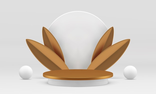 Luxury 3d podio pedestal con hojas de oro para el producto muestra ilustración vectorial realista