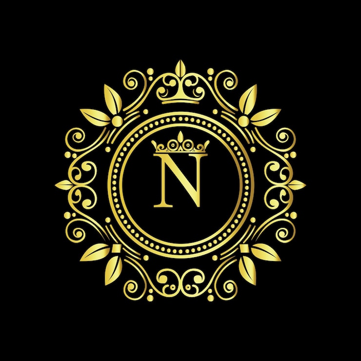 Vector luxury golden letter n logo design con elementos de corona y laurel para la marca premium