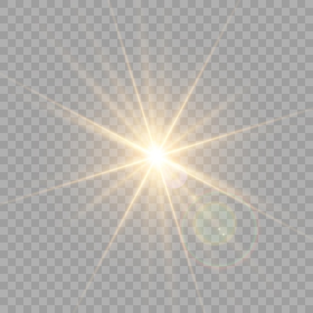 La luz amarilla brillante explota en un fondo transparente Vector luz solar transparente