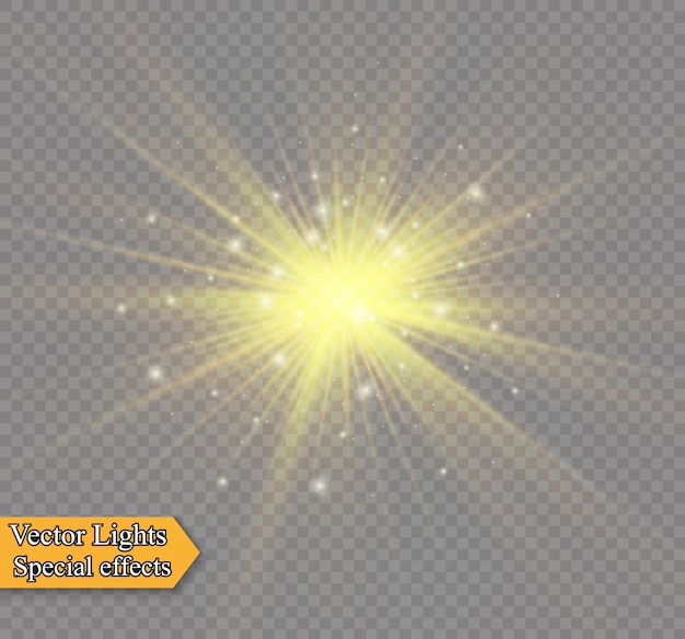 La luz amarilla brillante explota sobre un fondo transparente. brillantes partículas de polvo mágico. lucero. sol brillante transparente, destello brillante. para centrar un destello brillante.