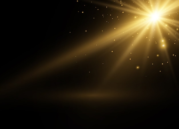 La luz amarilla brillante explota sobre un fondo transparente. Brillantes partículas de polvo mágico. Lucero. Sol brillante transparente, destello brillante. destellos