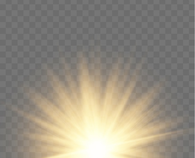 La luz amarilla, dorada y brillante explota sobre un fondo transparente. Brillantes partículas de polvo mágico. Lucero. Sol brillante transparente, destello brillante. destellos Efecto de luz