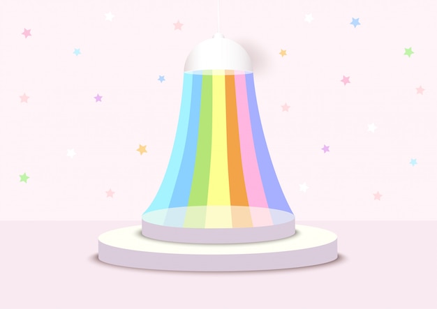 Luz de arco iris con podio en colores pastel