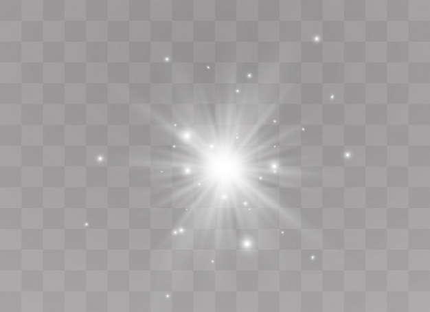 La luz blanca brillante explota. Brillantes partículas de polvo mágico. Lucero. Sol brillante transparente, destello brillante.