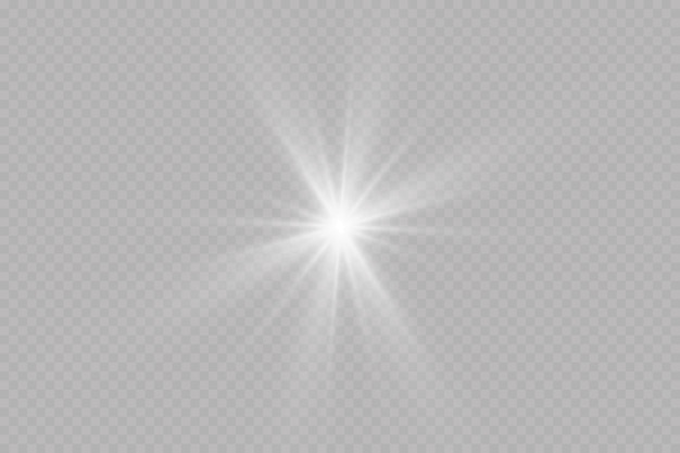 La luz blanca brillante explota. con rayo. Sol brillante transparente, destello brillante. El centro de un destello brillante.
